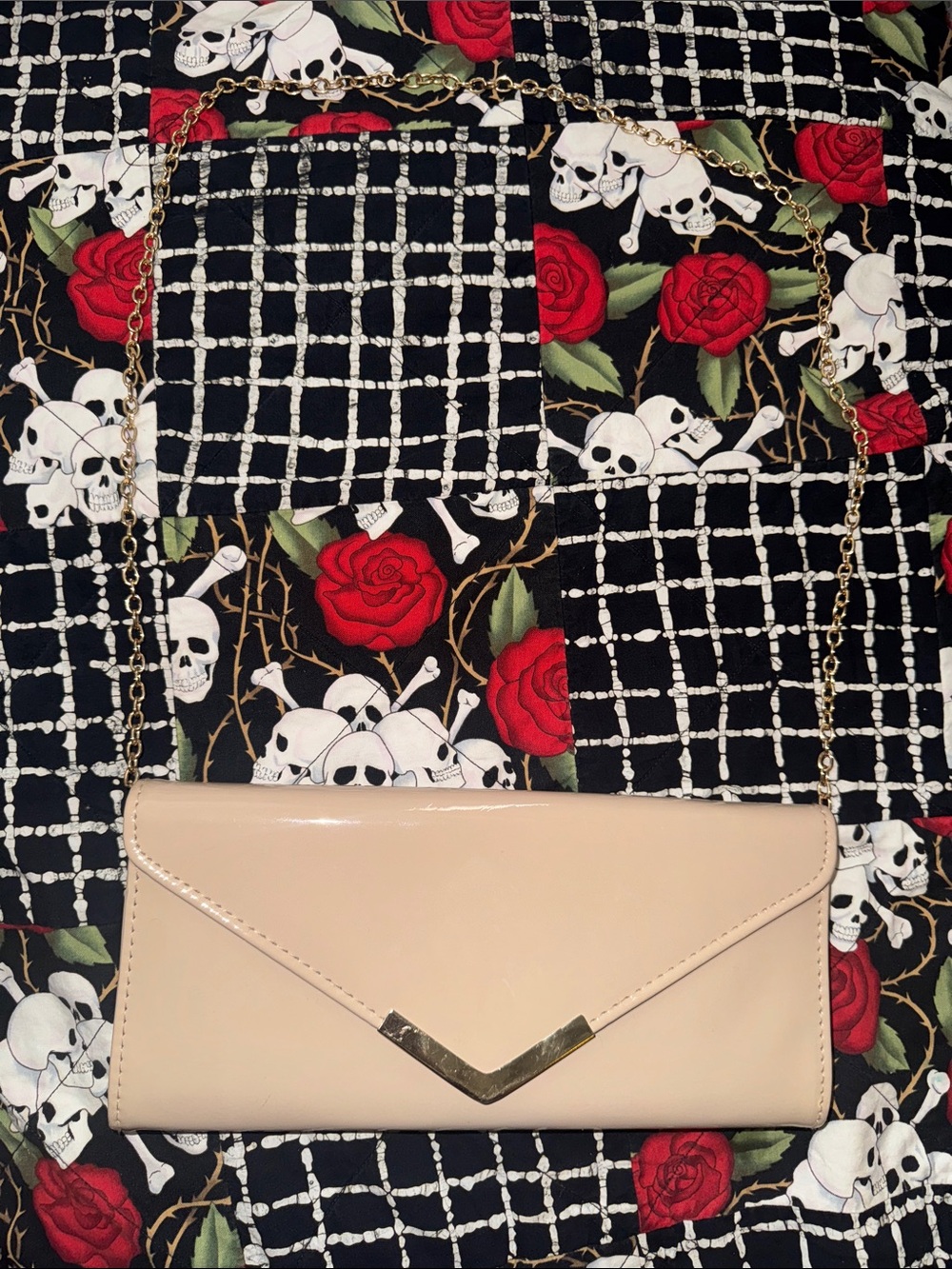 Aldo Beige Patent Envelope Clutch with Gold Chain